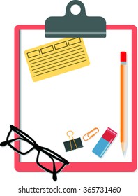 clipboard and pencil, eraser, eyeglasses, vector illustration.