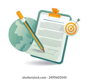 A clipboard with a pencil and globe illustration