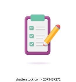 Clipboard and pencil icon. Checklist with tasks, successfully complete business assignments, questionnaire list 3d vector.