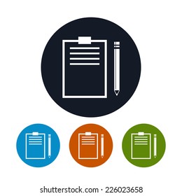 Clipboard with a pencil icon,   the four types of colorful round icons, vector illustration