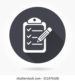 Clipboard pencil  icon with long shadow, flat design. Vector illustration.