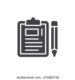 Clipboard and pencil icon vector, filled flat sign, solid pictogram isolated on white. Symbol, logo illustration. Pixel perfect graphics