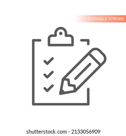 Clipboard with pencil line vector icon. Document form and check mark or tick, edit symbol.