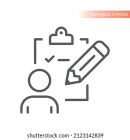 Clipboard, pencil and person line vector icon. Task manager with checkmark outline symbol.
