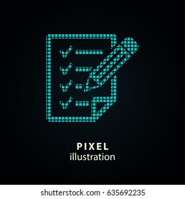 Clipboard pencil - pixel icon. Vector Illustration. Design logo element. Isolated on black background. It is easy to change to any color.