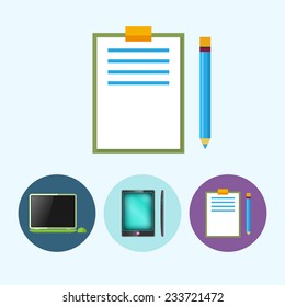 Clipboard with a pencil . Set with 3 round colorful icons, laptop, notebook with mouse,  phone,  clipboard with a pencil,  vector illustration