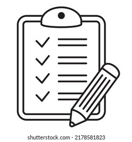 Clipboard with pencil thin line icon. Black vector illustration isolated on white background for graphic and web design.