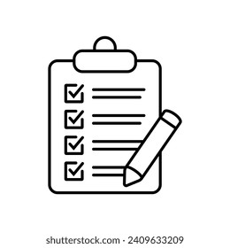 Portapapeles con el icono de la línea delgada del lápiz. Ilustración vectorial negra aislada en fondo blanco para diseño gráfico y web.