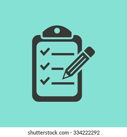 Clipboard pencil  - vector icon in black on a green background.