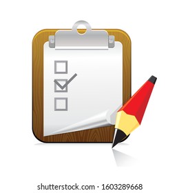 Clipboard pencil vector icon with checkbox. isolated on white background for graphic and web design.