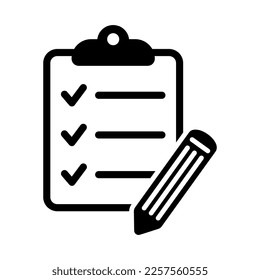 Clipboard with pencil vector icon. To do list icon. Questionnaire icon. Black illustration isolated on white background for graphic and web design.
