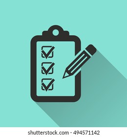 Clipboard pencil vector icon with long shadow. black Illustration isolated on green background for graphic and web design.