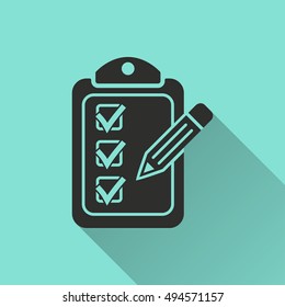 Clipboard pencil vector icon with long shadow. black Illustration isolated on green background for graphic and web design.