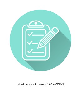 Clipboard pencil vector icon with long shadow. White illustration isolated for graphic and web design.