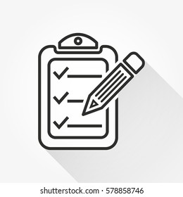Clipboard pencil vector icon with long shadow. Black illustration isolated on white background for graphic and web design.