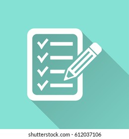 Clipboard pencil vector icon with long shadow. White illustration isolated on green background for graphic and web design.