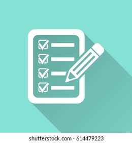 Clipboard pencil vector icon with long shadow. White illustration isolated on green background for graphic and web design.