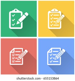 Clipboard pencil vector icon with long shadow. White illustration isolated on color background for graphic and web design.