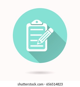 Clipboard pencil vector icon with long shadow. White illustration for graphic and web design. Circle buttons.