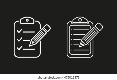 Clipboard pencil vector icon. White illustration isolated on black background for graphic and web design.