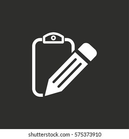 Clipboard pencil vector icon. White illustration isolated on black background for graphic and web design.