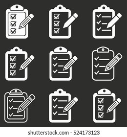 Clipboard pencil vector icons set. White illustration isolated on black background for graphic and web design.