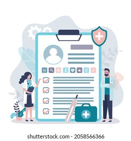 Clipboard with personal information about patient. Doctors doing complete medical examination. Check up of internal organs in clinic. Form with check marks. Healthcare concept.Flat vector illustration