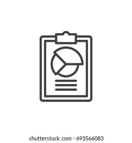 Clipboard with pie chart line icon, outline vector sign, linear style pictogram isolated on white. Analysis symbol, logo illustration. Editable stroke. Pixel perfect vector graphics