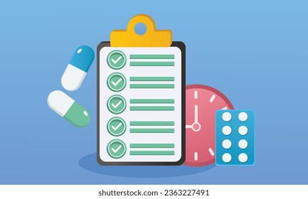 Clipboard, pills, list of medicines to be taken. Notes on steps taken.on blue background.Vector Design Illustration.