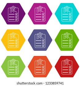 Clipboard with PL icons 9 set coloful isolated on white for web