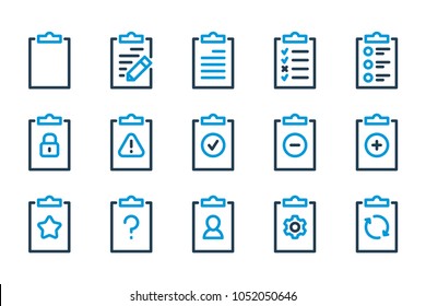 Clipboard and Planner related line icon set. Task notification and Preference vector icons.