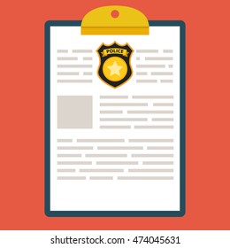 Clipboard With Police Report. Traffic, Parking Fine, Citation, Crime Report, Problems With Police, Subpoena Concepts. Flat Vector Illustration.