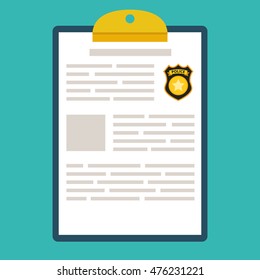 Clipboard With Police Report. Traffic, Parking Fine, Citation, Crime Report, Problems With Police, Subpoena Concepts. Flat Vector Illustration.