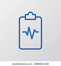 Clipboard with pulse line simple icon vector. Flat design. Paper cut design. Cutted blue symbol with shadow. Gray background.ai