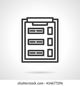 Clipboard with questionnaire or survey sheet with checkboxes. Office supplies. Marketing elements. Simple black line vector icon. Single element for web design, mobile app.