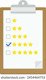 Clipboard with a rating checklist from 1 to 5 stars with checkbox selected out of four stars in flat design style (cut out)