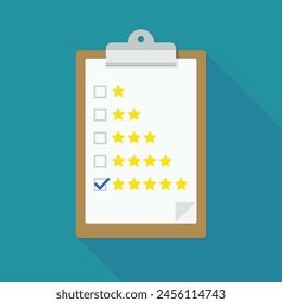 Clipboard with a rating checklist from 1 to 5 stars with checkbox selected out of five stars in flat design style