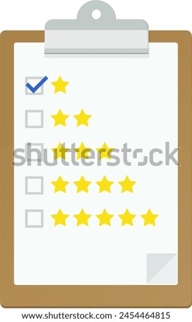 Clipboard with a rating checklist from 1 to 5 stars with checkbox selected on a star in flat design style (cut out)