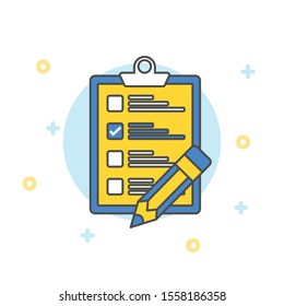 Clipboard with rating stars and pen. Quality control, customers reviews, service rating concepts.