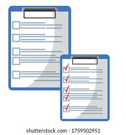 Clipboard with red check mark checklist icon. Elections. List of completed assignments, cases, survey, exam concepts. A clipboard with a checklist icon for a website and mobile application.