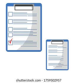 Clipboard with red check mark checklist icon. Elections. List of completed assignments, cases, survey, exam concepts. A clipboard with a checklist icon for a website and mobile application.