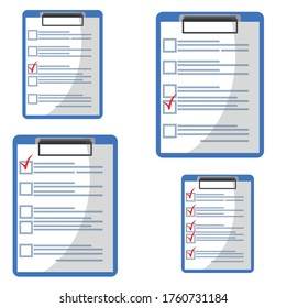 Clipboard with red check mark checklist icon. Elections. List of completed assignments, cases, survey, exam concepts. A clipboard with a checklist icon for a website and mobile application.
