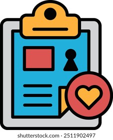 A clipboard with a red heart on it. The clipboard is blue and yellow