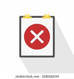 Clipboard and red round icon with cross. Unfulfilled task. Checklist icon. Vector