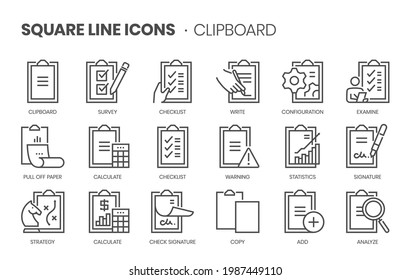 Clipboard related, pixel perfect, editable stroke, up scalable square line vector icon set. 