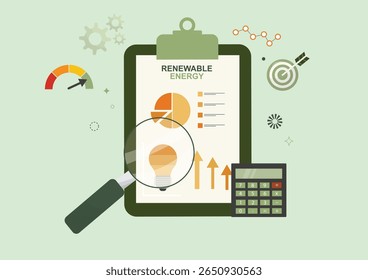 Clipboard with renewable energy charts, magnifying glass, calculator and target icons representing sustainable energy data analysis and performance evaluation. Flat style. Vector illustration