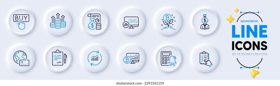 Clipboard, Report statistics and Buying line icons for web app. Pack of Budget, Calculator alarm, Internet pay pictogram icons. Bitcoin project, Manager, Bitcoin chart signs. Checklist. Vector