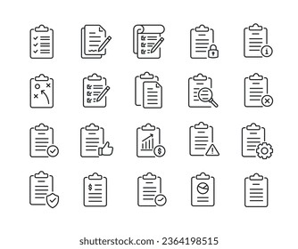 Clipboard, report thin line icons. For website marketing design, logo, app, template, ui, etc. Vector illustration.