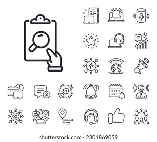 Clipboard research sign. Place location, technology and smart speaker outline icons. Inspect line icon. Verification file symbol. Inspect line sign. Influencer, brand ambassador icon. Vector