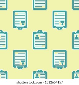 Clipboard with resume and man silhouette icon isolated seamless pattern on yellow background. CV application. Curriculum vitae, job application form with profile photo concept. Vector Illustration